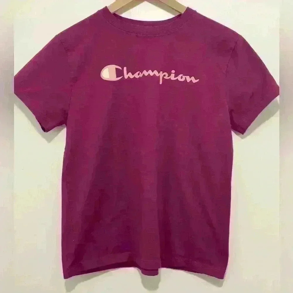 Champion Women’s Size Medium Script Logo Tee, in color Dark Berry Purple